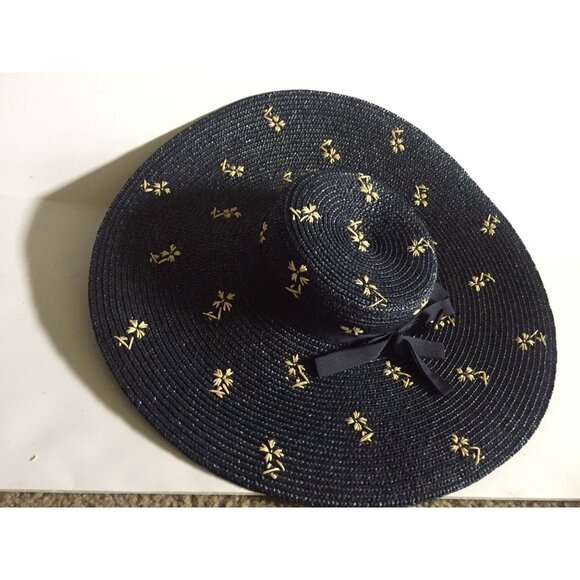 Vtg 1950\'s  Women\'s Hand Woven Straw Hat Navy Blue With Hand Sewn White Flowers main image 7